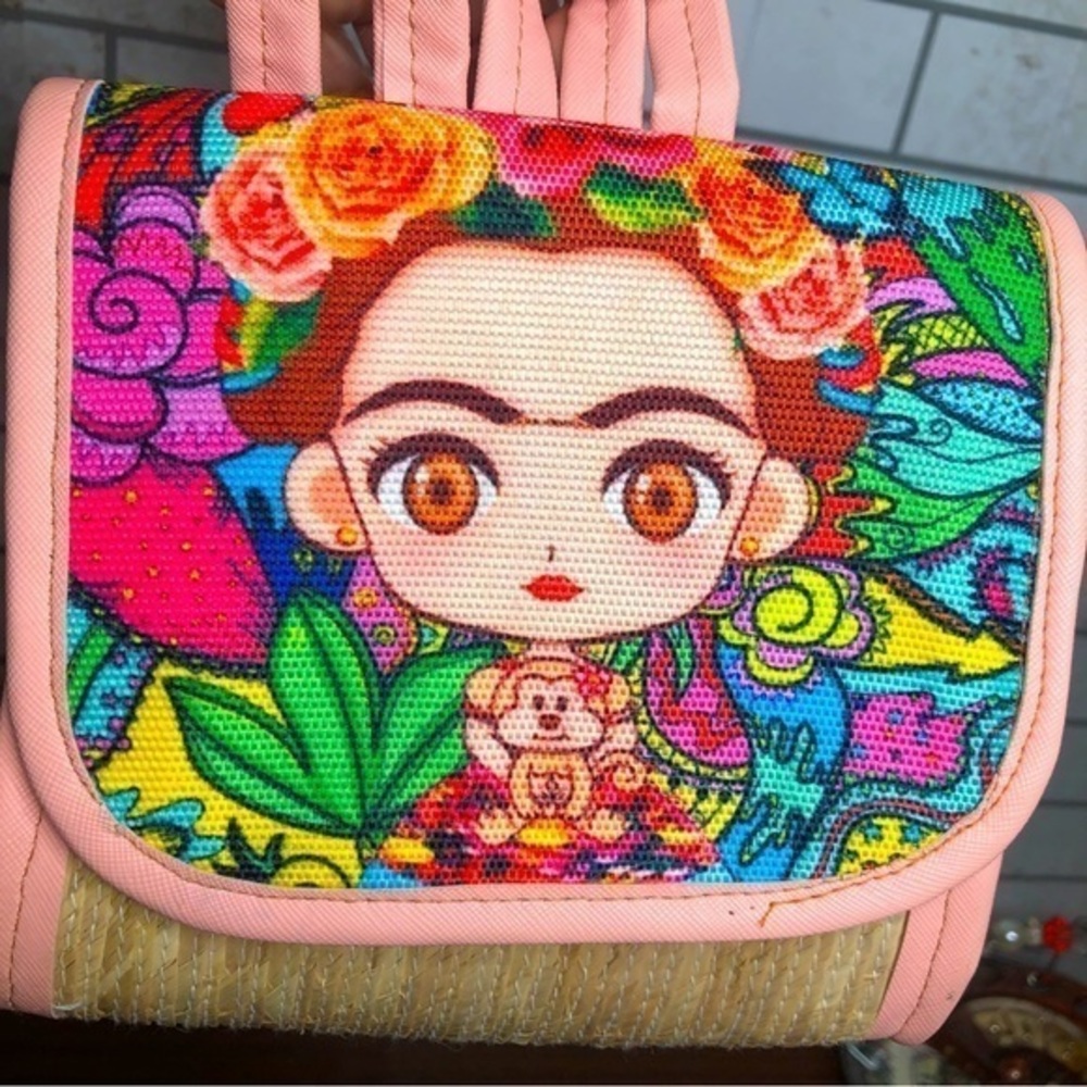 Frida Khalo mini straw wicker backpack bag